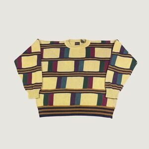 Vintage Structure Mens Large Geometric Block Knit Sweater Multicolor 90s Cotton